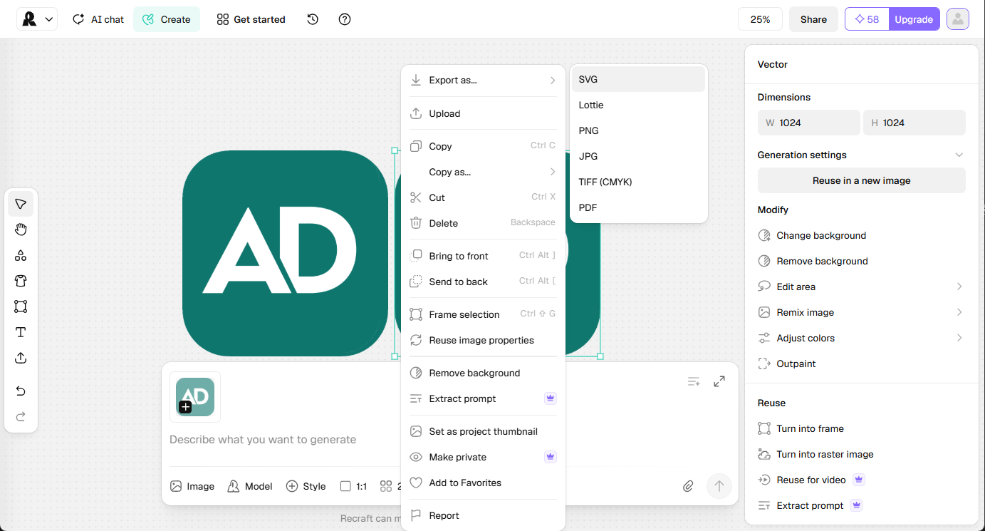 Recraft vector mark with Export as SVG and other formats