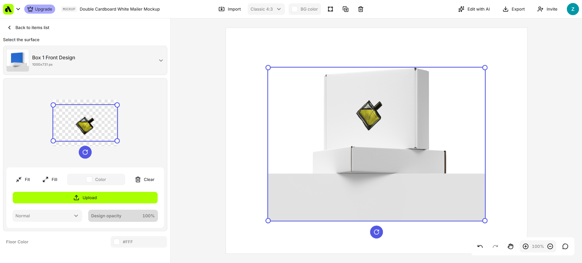 Artboard Studio editor: design mapped onto a cardboard mailer mockup