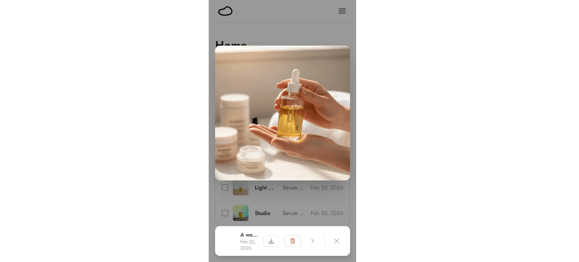 Pebblely result preview: lifestyle product photo of a serum bottle in use