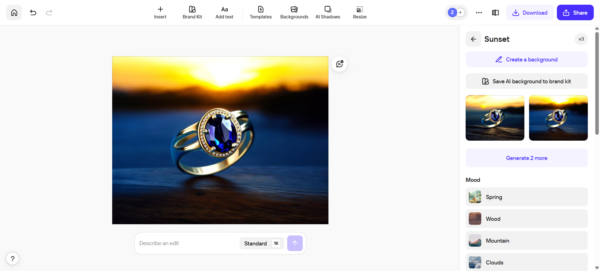 Photoroom editor: jewelry product on an AI sunset background with mood presets