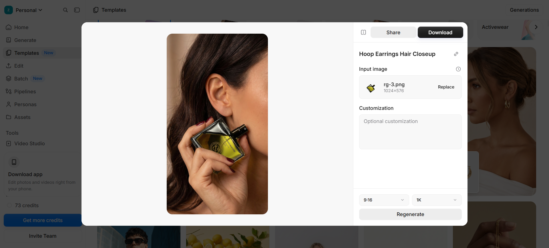 Pixelcut result modal: perfume bottle staged in an on-model closeup with download controls