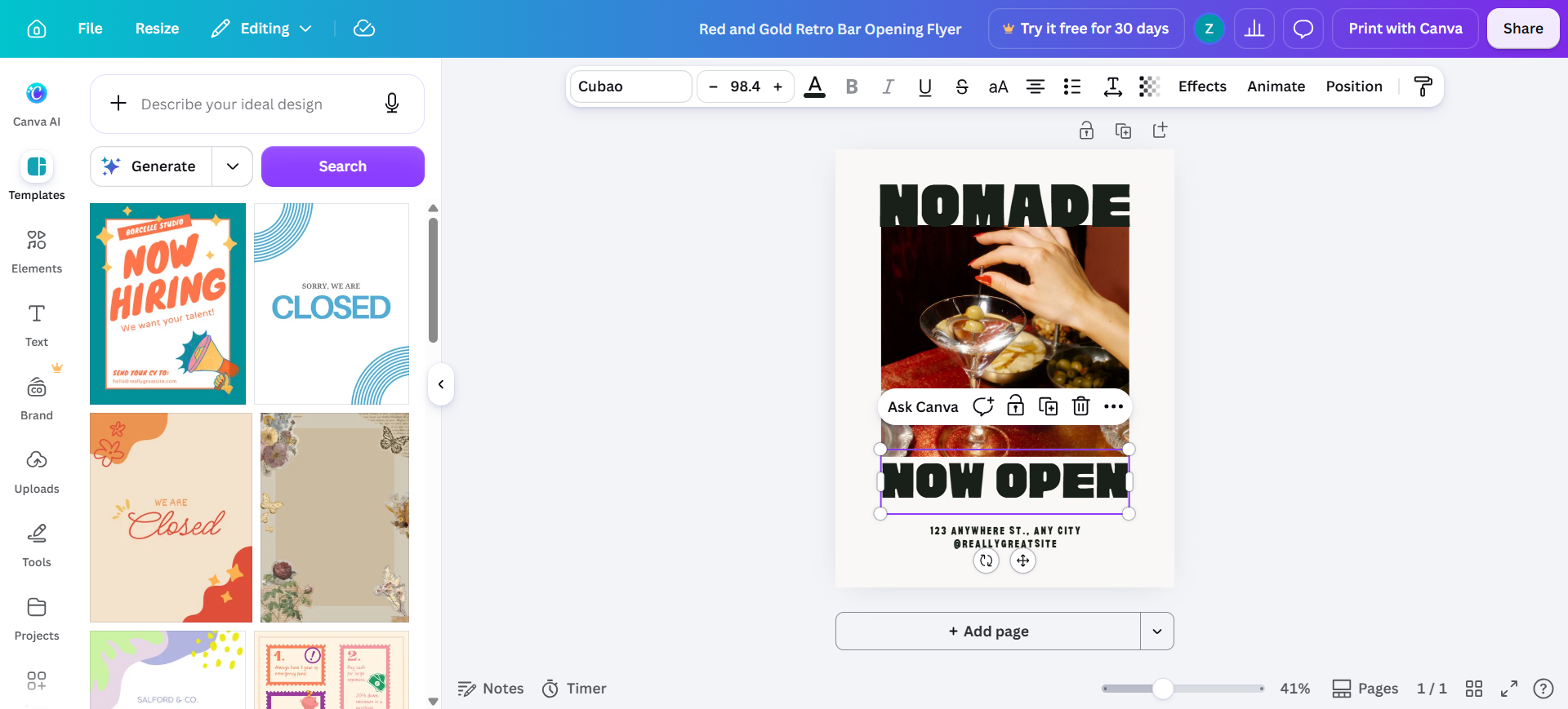 Canva editor: bar-opening flyer with Canva AI Describe/Generate and Ask Canva