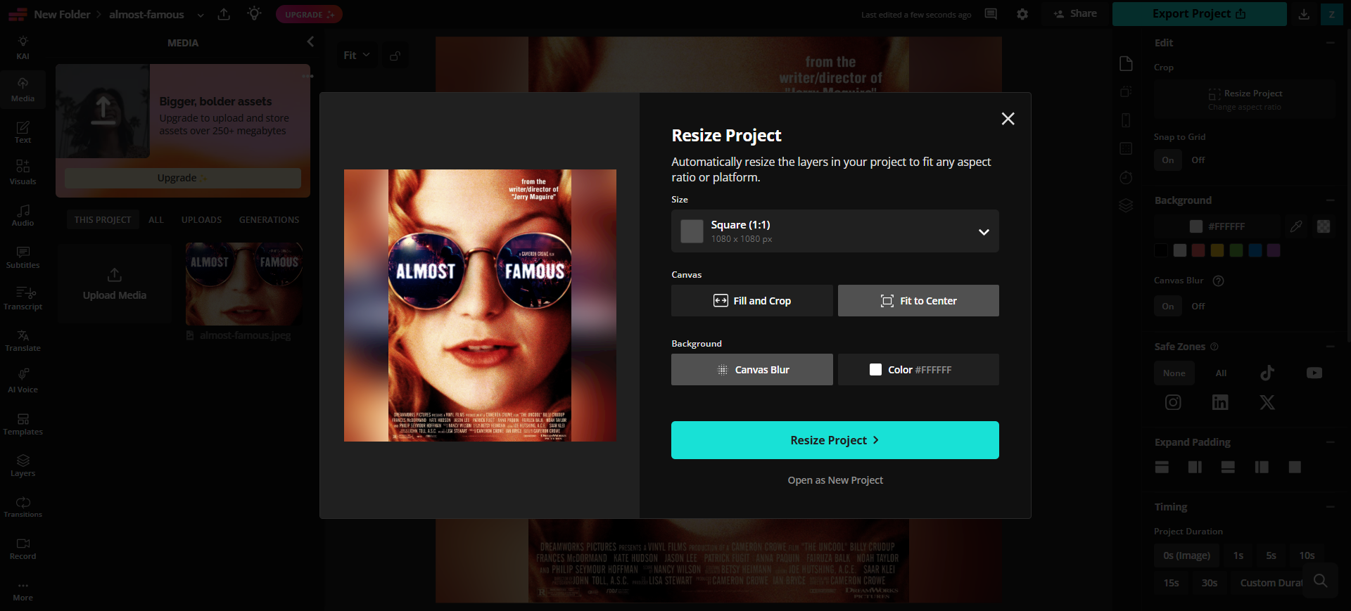 Kapwing Resize Project: Almost Famous still set to Square 1:1 with Fill and Crop