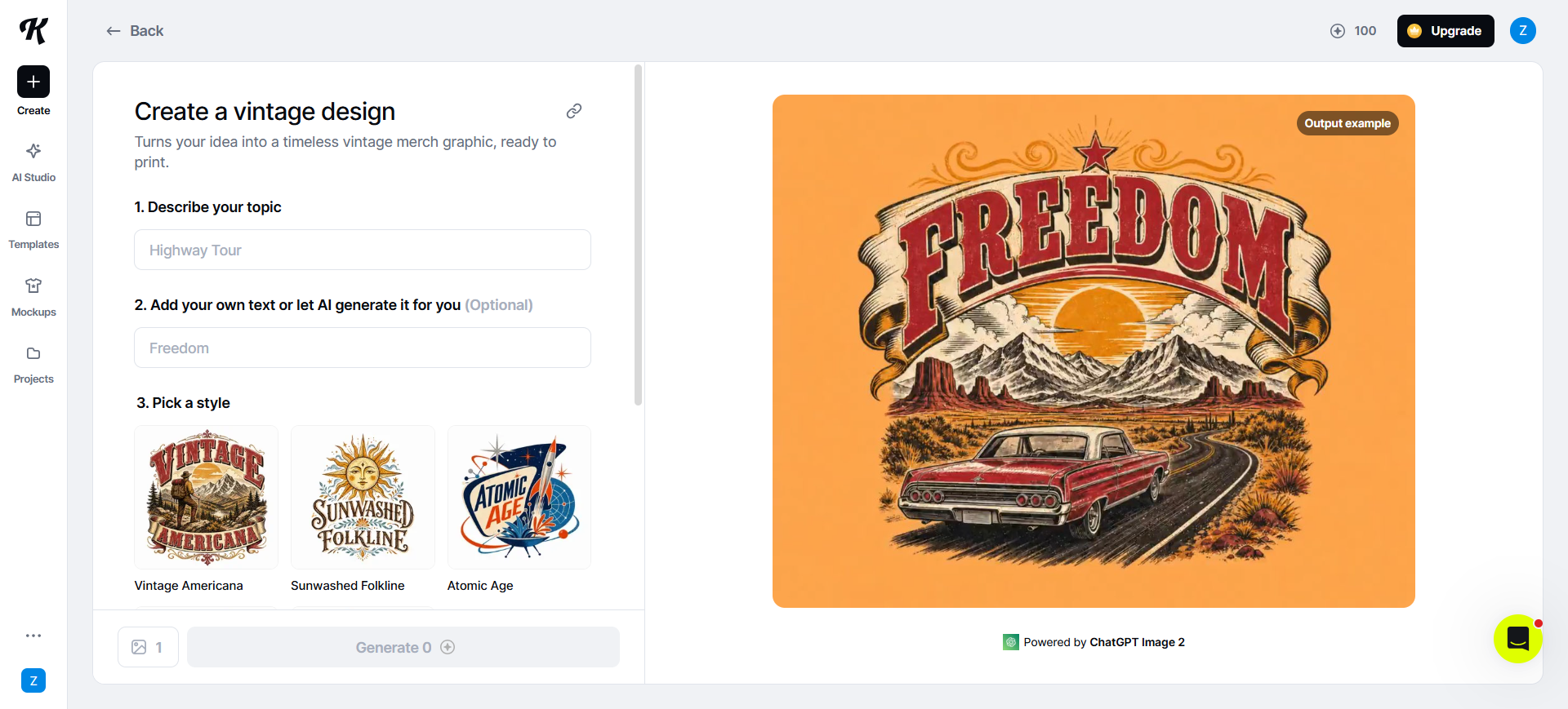 Kittl AI Studio: vintage merch graphic with prompt, style picks, and FREEDOM output