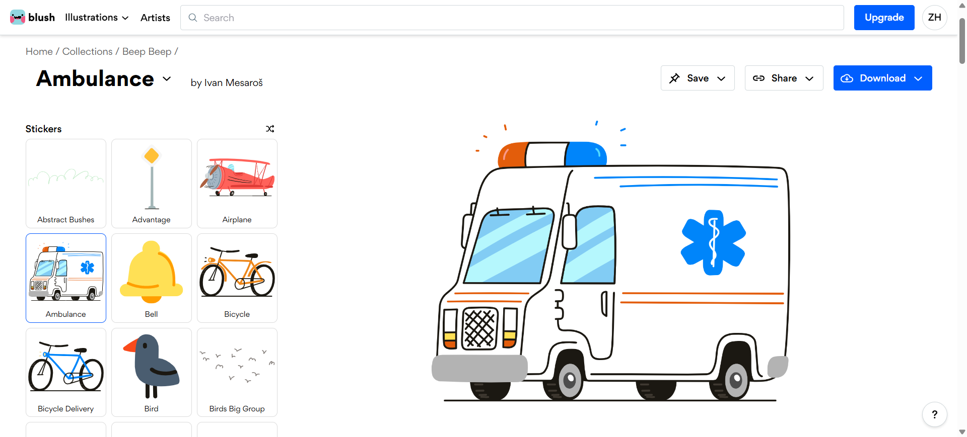 Blush collection view: Ambulance illustration with sticker grid and download