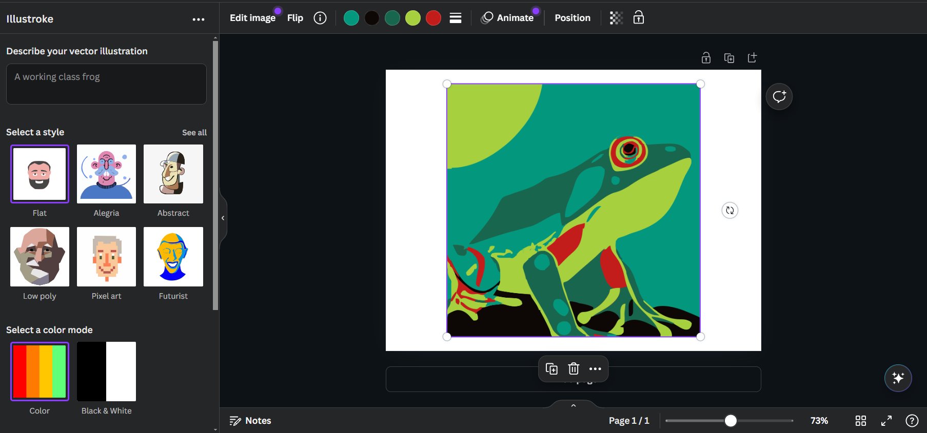 Illustroke: prompt and style selection for a working-class frog vector illustration