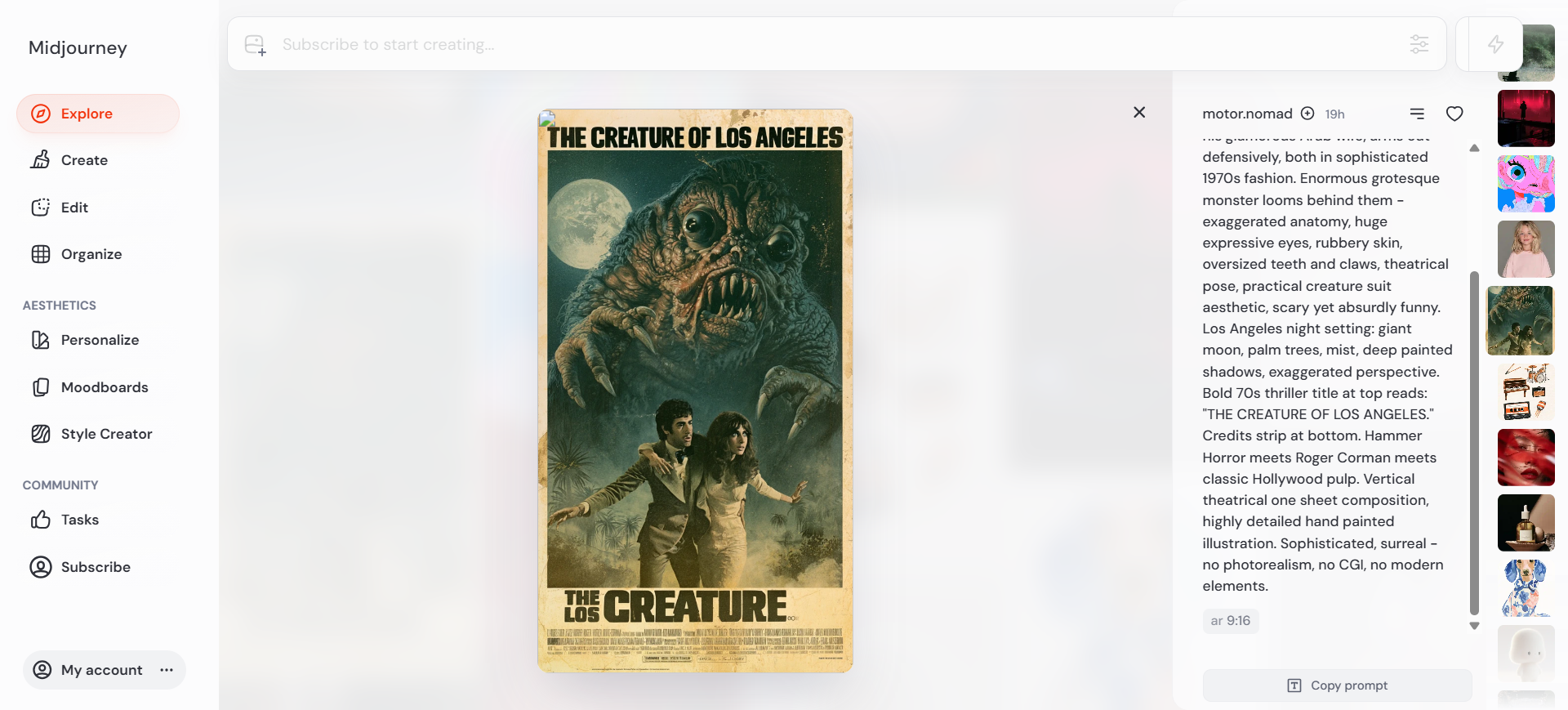 Midjourney Explore: vintage horror-poster concept with full prompt panel