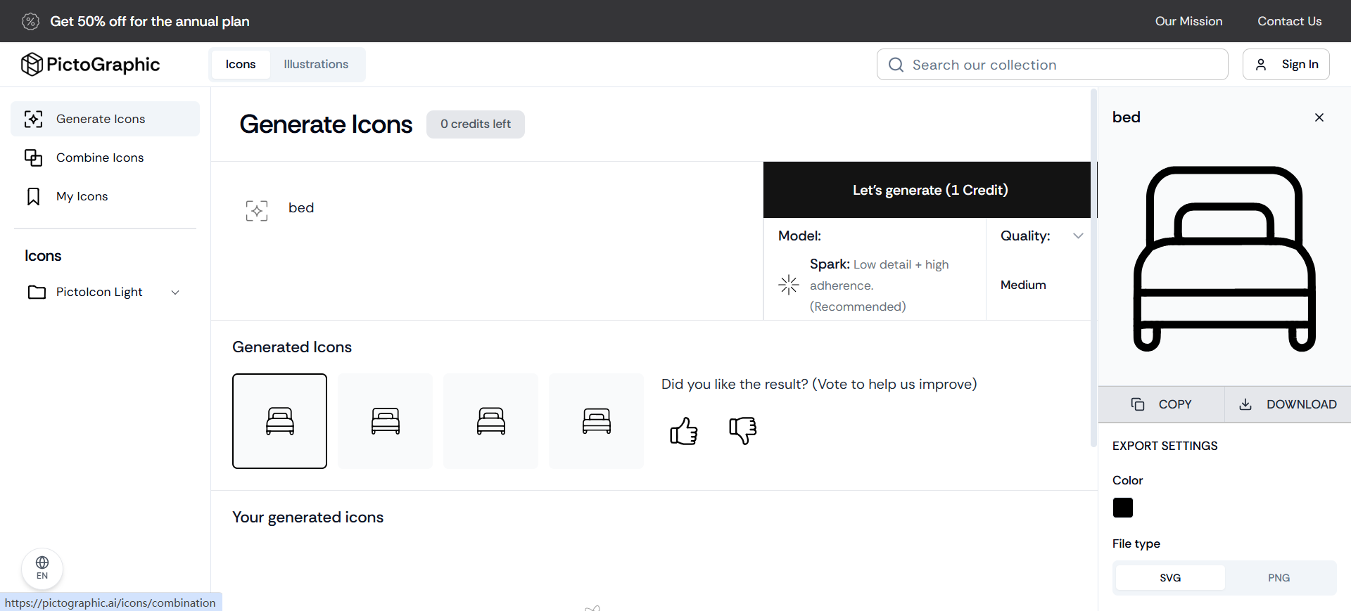 Pictographic Generate Icons: bed prompt with SVG preview and download