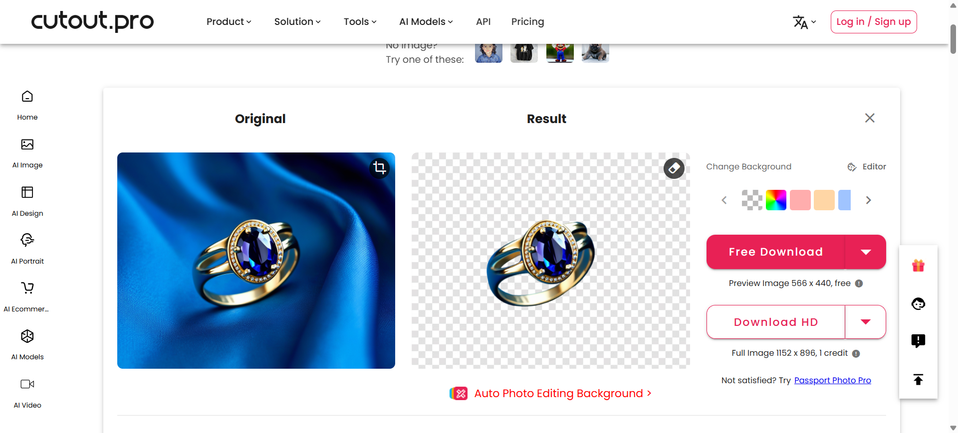 Cutout.pro Original vs Result: jewelry cutout, Change Background swatches, Free vs HD download