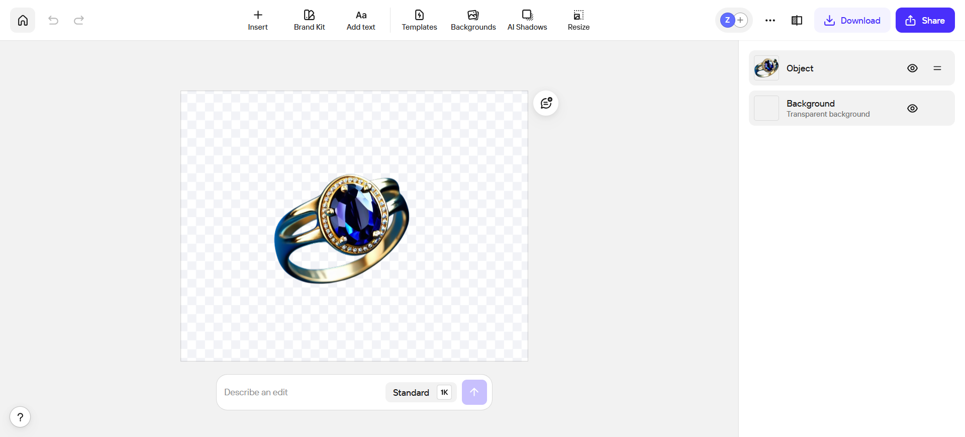 Photoroom canvas: Remove background on, jewelry on transparency, Object panel with Edit Cutout