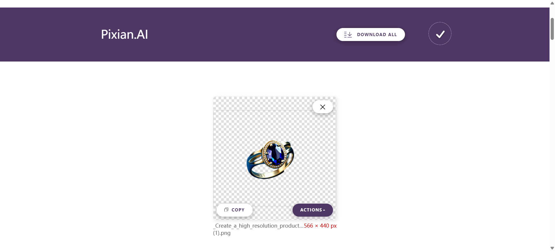 Pixian.AI result card: jewelry on transparency with Download All, Copy, and Actions