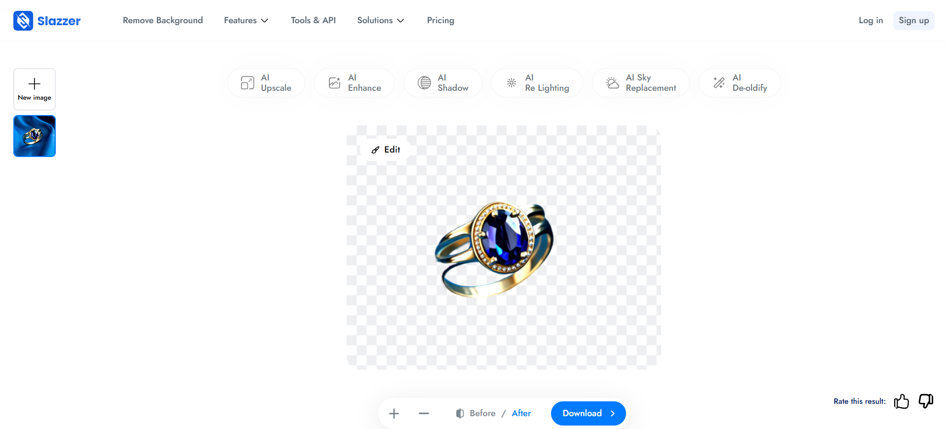 Slazzer editor: After cutout on checkerboard, original thumbnail, Download, and AI tool strip