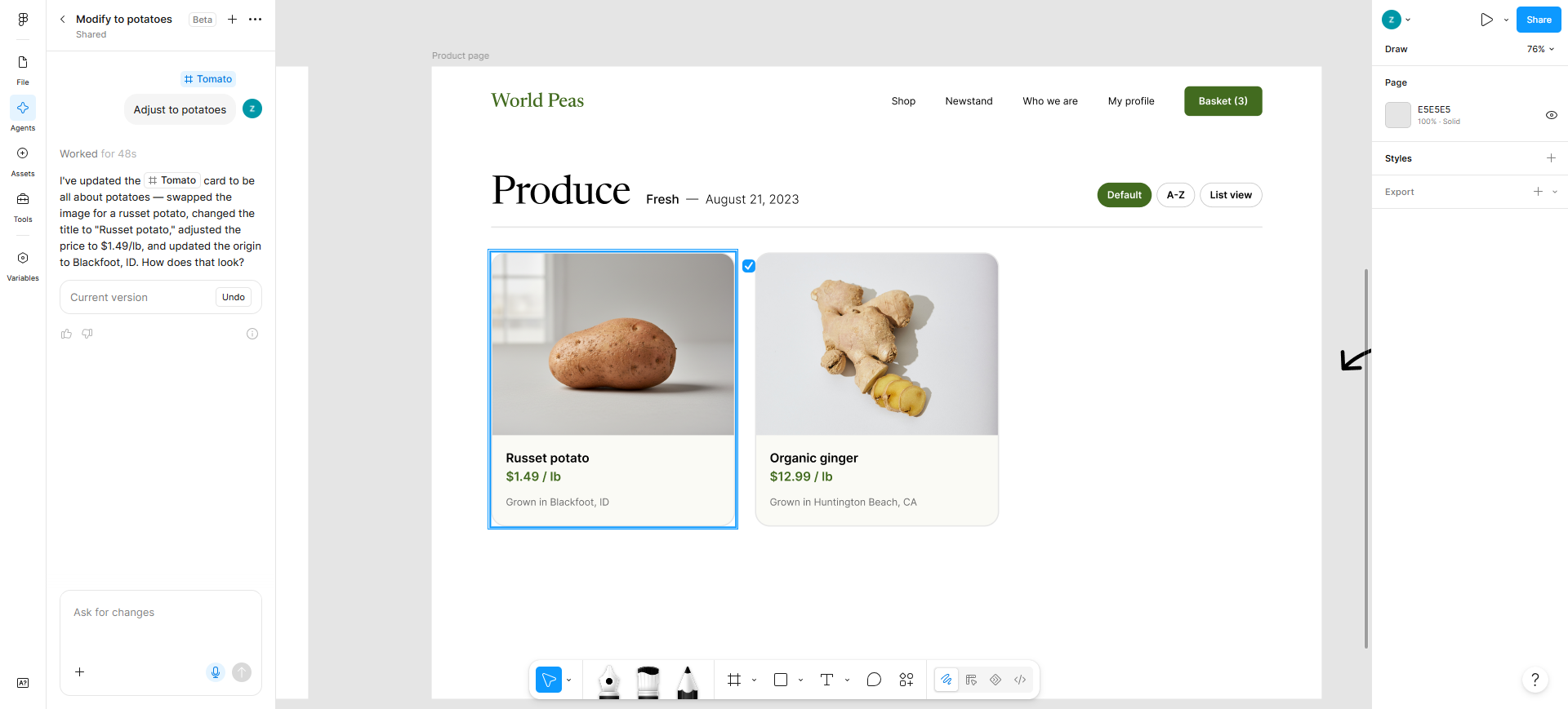 Figma AI editing UI on the design canvas